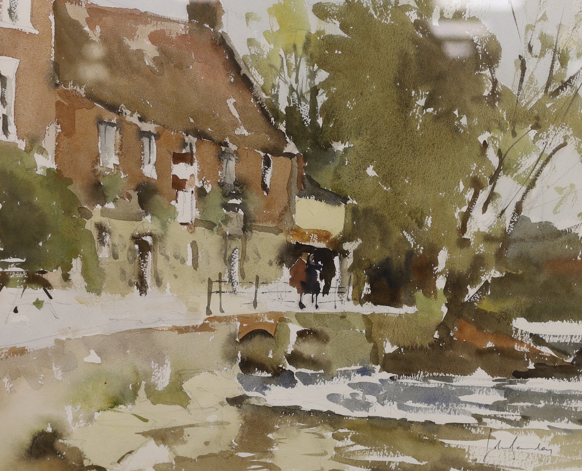 John Yardley, R.I. (b.1933), watercolour, Riverside houses, signed, 36 x 46cm, together with a copy of John Yardley by Susanne Haines